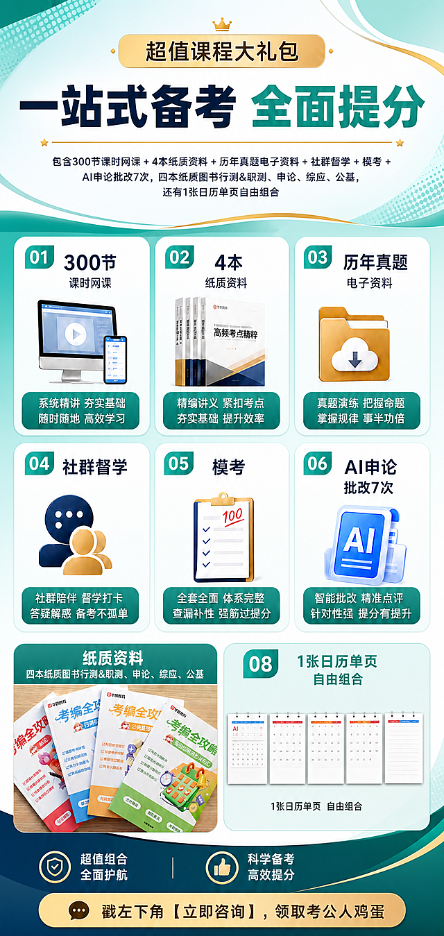 参考这张考编课程大礼包宣传海报重新设计，保留所有产品图和全部文字内容不变，更换全新版式设计和配色，生成第一张不同的设计版本