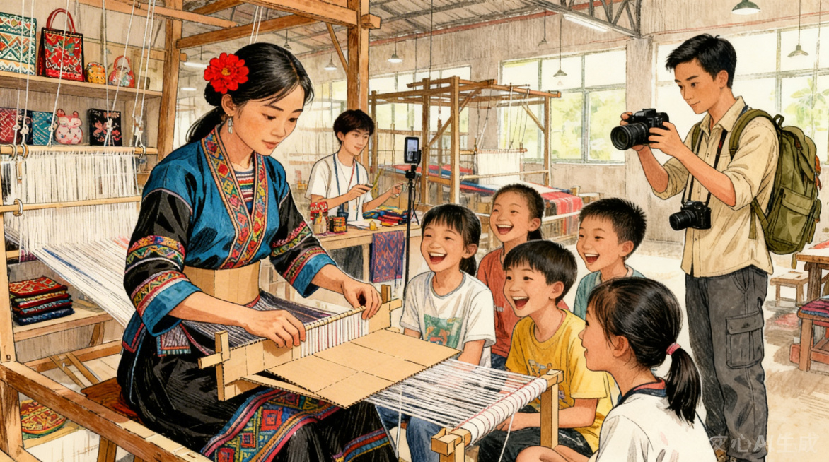 黎锦工坊开放参观，年轻人们正在进行直播带货，黎锦文创产品满满地摆放在货架上，整个黎寨子热闹了起来，氛围热闹鲜活，整体画面质感和绘画风格与参考图保持完全一致，手绘风格预览效果