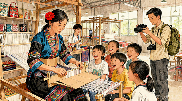 黎锦工坊开放参观，年轻人们正在进行直播带货，黎锦文创产品满满地摆放在货架上，整个黎寨子热闹了起来，氛围热闹鲜活，整体画面质感和绘画风格与参考图保持完全一致，手绘风格