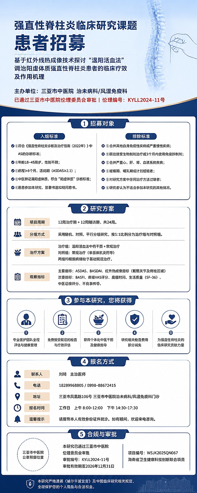 正式严谨的三甲医院课题招募易拉宝海报，80cm×200cm比例，2:5。主色调：藏蓝色+白色底色，搭配暖棕色点缀。整体风格正式清晰，符合医学科研要求。从上到下分6个模块：1.顶部主视觉区：浅蓝渐变背景加脊柱和针灸简约线稿，主标题“强直性脊柱炎临床研究课题 患者招募”，副标题“基于红外线热成像技术探讨“温阳活血法”调治阳虚体质强直性脊柱炎患者的临床疗效及作用机理”，主办单位“三亚市中医院 治未病科/风湿免疫科”，红色加粗文字“已通过三亚市中医院伦理委员会审批 | 伦理编号：KYLL2024-11号”。2.核心招募对象区：大标题“招募对象”，列出“入组标准”和“排除标准”，文字清晰层级分明。3.研究方案说明区：大标题“研究方案”，列出项目周期、分组方式、治疗方案、观察指标，专业严谨。4.患者参与获益区：大标题“参与本研究，您将获得”，列出5项患者获益，清晰易读。5.报名方式区：大标题“报名方式”，列出联系人刘琦主治医师、电话18289968805/0898-88672415、地址三亚市凤凰路106号三亚市中医院治未病科/风湿免疫科门诊、报名时间工作日上午8:00-12:00下午14:30-17:30、温馨提示。6.底部合规区：左侧预留三亚市中医院公章位置，中间标注“本研究已通过三亚市中医院伦理委员会审批 审批编号：KYLL2024-11号 审批有效期至2026年12月31日”，右侧标注“项目编号：WSJK2025QN067 海南省卫生健康科技创新联合项目”，最底部小字标注“本研究严格遵循《赫尔辛基宣言》及中国临床研究相关规范，全程保护您的个人隐私与合法权益”。所有文字清晰可读，排版工整、重点突出，符合医学科研规范。