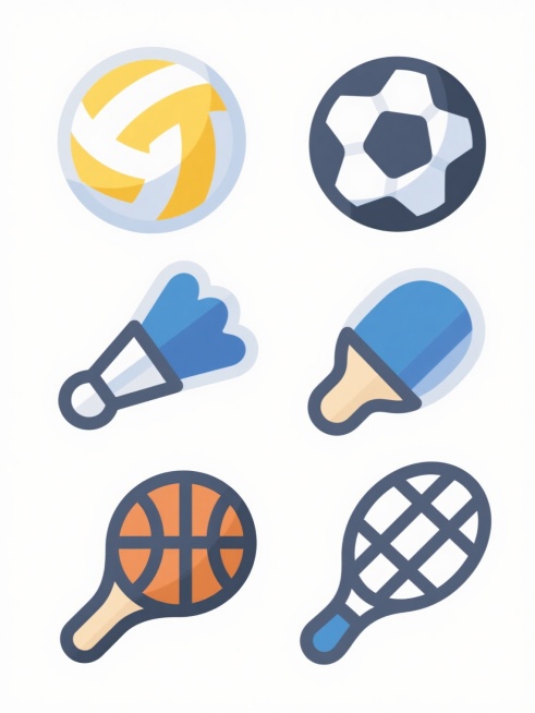 一套6个完全不同运动器材的系列图标素材，每个图标均采用简约扁平风格设计，保持与原图一致的圆润线条、几何色块构成和色彩搭配（黄色、蓝色、白色为主色调，边缘细节有微妙的渐变色过渡增强立体感），元素类目分别为排球、足球、羽毛球、乒乓球拍、篮球、网球拍，所有图标规整排布在纯白色背景上，每个图标独立呈现，整体视觉统一且信息传达清晰高效。预览效果