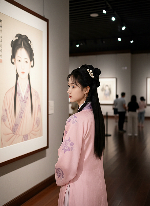 工笔风细腻描绘，刺绣纹样点缀汉服，水墨晕染背景，古典与文艺交融，优雅唯美，展现中式美学意境。