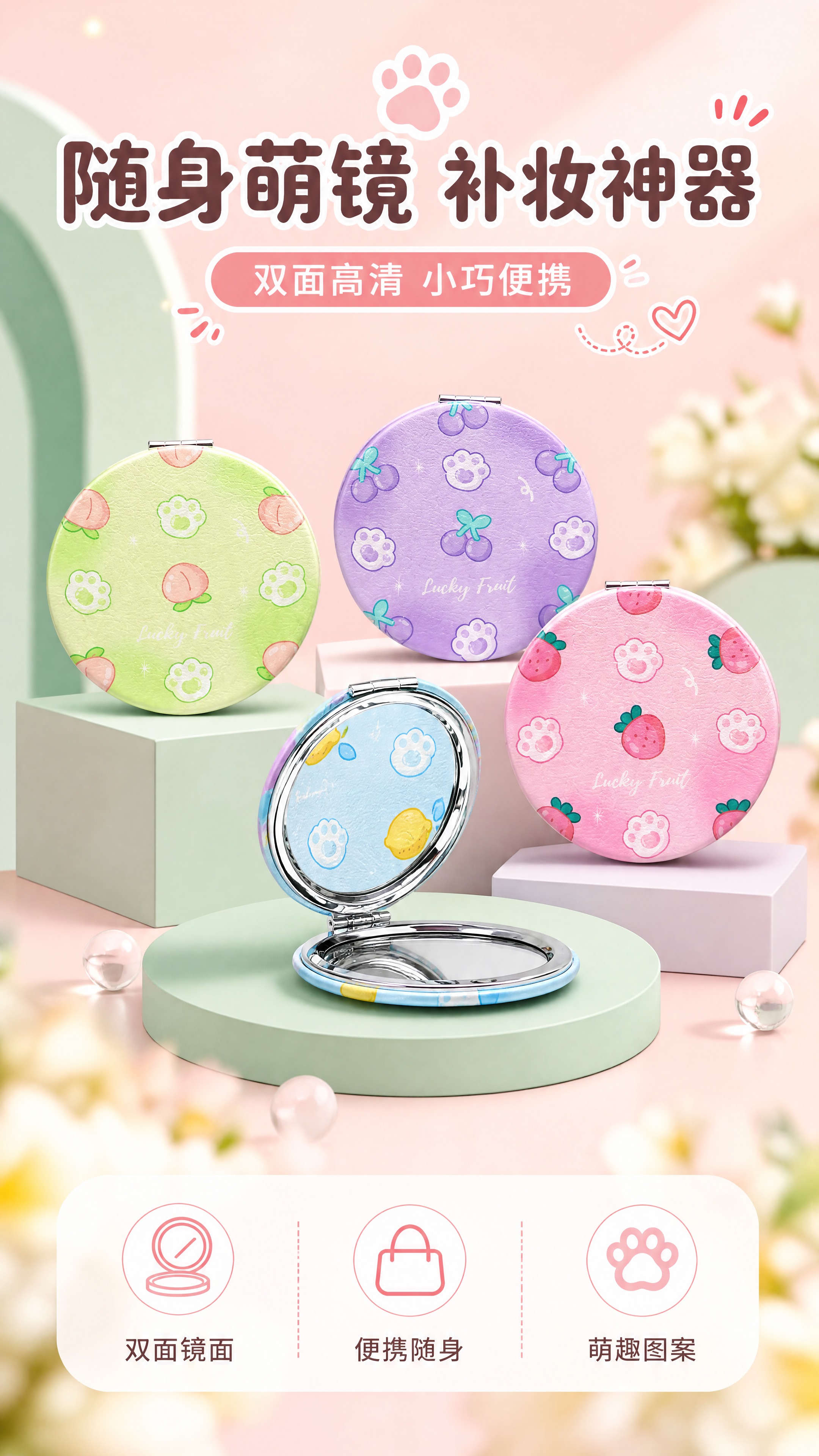 [商品] 使用【图1】圆形折叠化妆镜（蜜桃绿、草莓粉、柠檬蓝3… - 图片创意预览