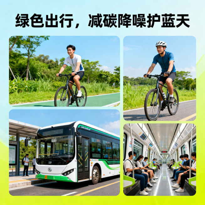 绿色出行环境意义主题正方形图片，展示骑行、公交、地铁场景，标注“绿色出行，减碳降噪护蓝天”，活力清新风格预览效果