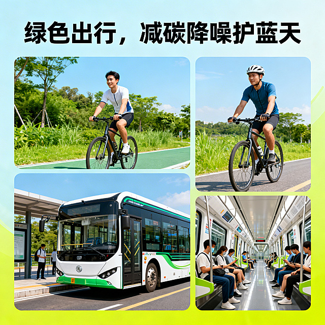 绿色出行环境意义主题正方形图片，展示骑行、公交、地铁场景，标注“绿色出行，减碳降噪护蓝天”，活力清新风格