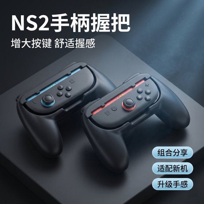 [主图 1] SWITCH2手柄握把首发图。
[氛围风格] 现代简约科技风，数码质感
[画质] C4D Octane商业渲染质感，物理级真实渲染，光线通透，产品清晰锐利，画面干净高级
[元素] 一对黑预览效果