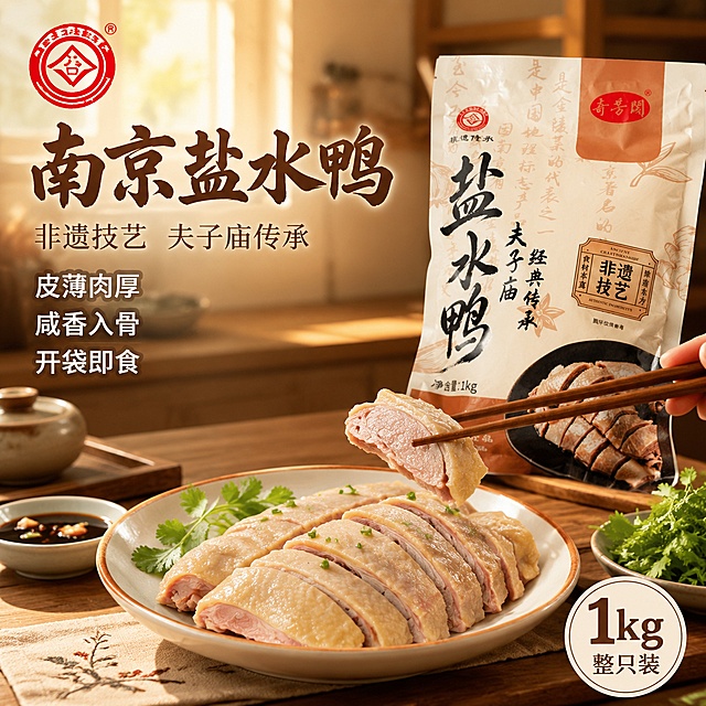 电商主图首图，南京盐水鸭产品食欲诱惑场景。画面主体为一盘切好的盐水鸭摆放在中式木质餐桌上，鸭肉皮白肉嫩、油光透亮、纹理清晰可见，旁边放着完整的真空包装袋（奇芳阁盐水鸭1kg装，包装外观与参考图完全一致），一只手正用筷子夹起一块鸭肉。背景是温馨的中式厨房环境，木质橱柜、青瓷小碟装着蘸料、葱花香菜点缀，暖黄色窗帘透进柔和自然光。左上角放置奇芳阁品牌Logo（从产品图提取，红色印章风格）。画面满版无边框，商品主体占比约70%。左上负空间左对齐文案：大字主标题'南京盐水鸭'（粗笔刷书法字体，深棕色，最大号），副标题'非遗技艺 夫子庙传承'（细宋体，浅棕色，字号约主标题一半），下方三行小卖点'皮薄肉厚 咸香入骨 开袋即食'（每行独立，黑体白色带轻微深棕阴影）。右下角圆形小图标内写'1kg整只装'。自然暖阳逆光，主光从右上方45度斜射，鸭肉表面有诱人油光高光，阴影柔和通透，整体暖色调。1:1正方形比例，超高清商业美食摄影质感，文字清晰锐利。保持产品包装外观与输入图绝对一致，杜绝变形和色差。