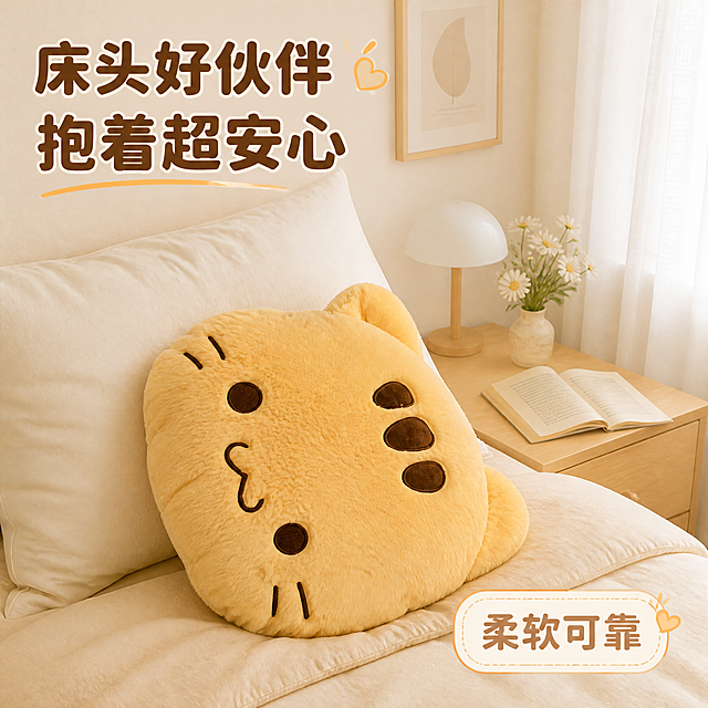 [主图-3] 大黄猫抱枕 卧室使用场景图 床上陪伴效果。
[统一基调] 家居治愈风 拼多多风格 大字直白 温馨暖色调 米白+奶黄+浅棕为主色 标题用粗圆体深棕色 辅助文字用浅棕色 圆角轻卡片 柔和自然光 午后窗边氛围。
[画面] 大黄猫抱枕放置在温馨卧室的床上 靠在白色枕头旁边 45度视角 主体占画面55% 床品是浅米色四件套 旁边有浅木色床头柜 上面放着一盏白色小台灯和一本打开的书 背景是奶油白墙面 墙上挂着简约装饰画 窗边有白色纱帘 透进柔和晨光 整体氛围温暖治愈 适合睡前抱靠 抱枕外观与输入图完全一致。
[光影质感] 商业摄影质感 早晨柔和自然光从右侧窗边照入 抱枕在床品上投下柔和阴影 毛绒面料呈现自然蓬松感 整体光影温暖舒适。
[配色] 背景主色米白+奶黄 标题字色深棕色 辅助字色浅棕色 强调色暖橙色。
[文字版式] 左上角大标题 粗圆体深棕色 分两行 第一行"床头好伙伴" 第二行"抱着超安心" 右下角圆角轻卡片写"柔软可靠" 文字放在负空间 不遮挡抱枕主体。
[输出要求] 1:1比例 2048x2048 文字清晰可读 产品清晰 无变形 无错字 无模糊 无杂乱 无水印 无平台Logo。