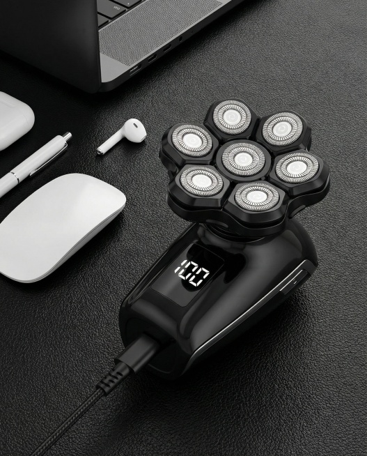 产品是黑色光头机（7刀头）
生成一张亚马逊电商风格的七刀头电动剃须刀主图，整体采用现代桌面场景，营造科技感与品质感兼具的氛围。
画面布局：
主体展示：画面中心是一款黑色金属质感的七刀头电动剃须刀（黑色预览效果