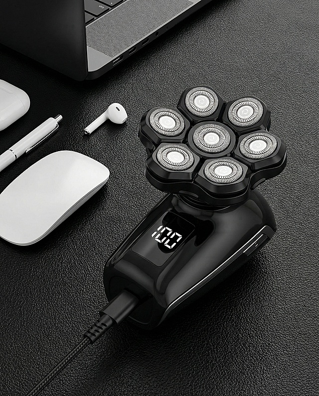 产品是黑色光头机（7刀头）
生成一张亚马逊电商风格的七刀头电动剃须刀主图，整体采用现代桌面场景，营造科技感与品质感兼具的氛围。
画面布局：
主体展示：画面中心是一款黑色金属质感的七刀头电动剃须刀（黑色），刀头呈环形排列，机身正面带有数显屏幕，显示电量为 “100”。剃须刀正连接着黑色 Type-C 充电线充电，清晰展示充电状态与数显功能。
场景搭配：剃须刀放置在黑色皮革质感桌面上，背景露出笔记本电脑的充电接口与白色办公配件，营造出简洁的桌面办公环境。
视觉风格：整体色彩以黑色产品、黑色皮革桌面与黑色配件为主，色调沉稳高级。构图采用俯拍视角，聚焦剃须刀的细节与充电状态，通过科技感的设计与生活化的场景传递出高品质的使用体验，符合亚马逊平台的产品展示规范，旨在突出产品的多刀头设计、数显功能与便捷充电体验。