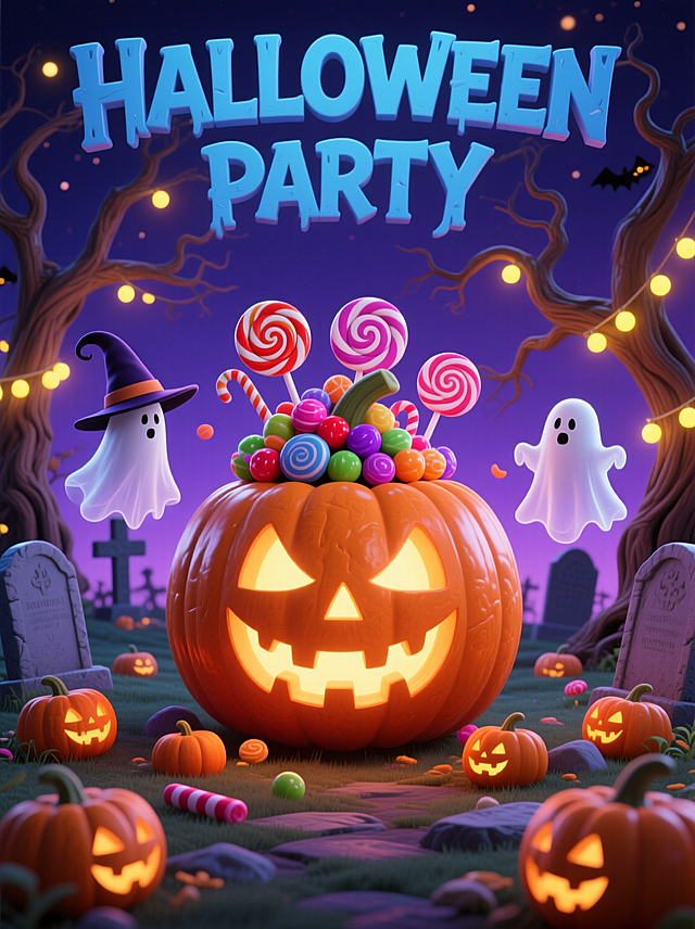 卡通渲染风格，平视视角，中心对称式构图，万圣节夜晚的墓地派对场景。画面中心是正面朝向观众的巨型发光杰克南瓜灯，PBR材质，光滑表皮，内部暖光半透明质感，表面有恐怖笑脸雕刻；南瓜灯顶部堆叠多色鲜亮糖果，包括螺旋棒棒糖、圆形棒棒糖，光滑亮泽质感。前景散布角度各异的小南瓜灯，周围悬浮半透明轻盈质感的幽灵，一只戴巫师帽，一只为普通形态，呈环绕漂浮姿态。背景有扭曲粗糙木质质感的枯树，树枝悬挂暖黄色串灯形成光带；散布石质坚硬质感的墓碑，背景为深紫色渐变夜空，整体氛围神秘又活泼。顶部有大号蓝色“HALLOWEEN PARTY”字体，色彩搭配以暗紫、深蓝为背景主色调，结合南瓜橙、糖果亮红/粉/紫及暖黄串灯形成鲜明对比，虚幻引擎风格的卡通渲染，细节丰富，光影柔和