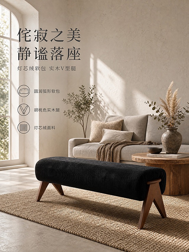 [主图-1] 空间场景与氛围主图，展示黑色灯芯绒实木V型腿长凳在侘寂风客厅中的整体美感与空间适配性。
[统一基调] 侘寂风自然美学，暖调米白肌理墙面，微水泥地面，天然编织地毯，原木家具搭配干花绿植，午后侧窗自然光形成柔和光斑，整体色调为米白、原木棕、炭黑、暖灰；标题用深灰衬线体，辅助文案用浅灰无衬线体，文字左对齐，点缀细线图标，满版无边框。
[画面] 产品为黑色灯芯绒长凳，圆润弧形软包，胡桃色实木V型腿，与参考图外观完全一致；45°正侧面视角，主体占画面约60%，放置在编织地毯中央；背景是侘寂风客厅完整场景，左侧有大窗户透进自然光，后方搭配浅灰色亚麻布艺沙发，右侧有原木小圆几、粗陶花瓶插蒲苇与尤加利干花，地面铺天然黄麻编织地毯，墙面为米白色艺术涂料肌理墙，软装搭配丰富自然；画面左侧负空间放置主标题与卖点列表。
[光影质感] 商业家居摄影质感，午后侧窗自然光为主光源，光线柔和温暖，在地面和墙面形成长条光斑与柔和阴影，灯芯绒面料呈现清晰竖条肌理与绒面光泽，实木腿呈现胡桃木纹理与温润质感，软包饱满有体积感，产品与场景光影融合自然无悬浮感。
[配色] 主色米白肌理墙+原木棕家具+炭黑产品+暖灰软装；标题深炭灰色，辅助文案中灰色，点缀原木色细线图标。
[文字版式] 画面左上部主标题两行大字「侘寂之美 静谧落座」，深灰色衬线粗体；下方副标题一行「灯芯绒软包 实木V型腿」，灰色小号无衬线体；再下方三个卖点图标加文字竖向排列：圆润弧形软包、胡桃色实木腿、灯芯绒面料，每个卖点配简约细线图标，左对齐；文字不遮挡产品主体。
[输出要求] 3:4竖版比例，2K高清，产品清晰不变形，文字清晰可读，画面干净有质感；负向：变形、错字、模糊、杂乱、水印、平台Logo、产品悬浮、边缘硬切、色差。