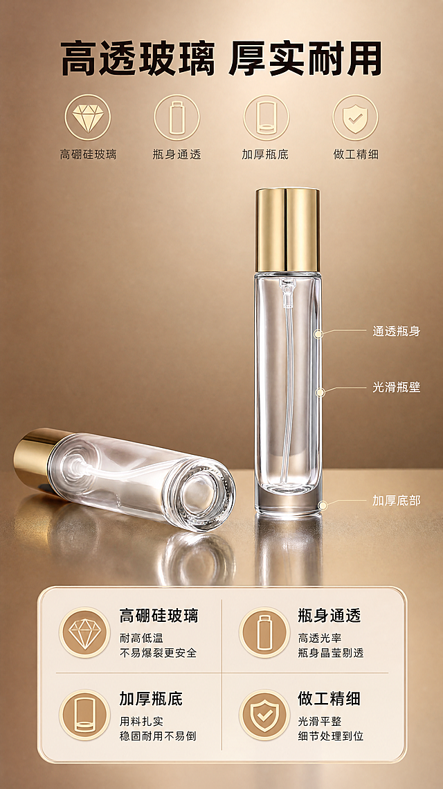 [商品] 使用【图1】金色盖玻璃香水分装瓶；保留15ml容量、15mm卡口瓶口、透明圆柱玻璃瓶身、高度104mm直径25mm的结构比例；瓶口为卡口结构；重点展示瓶身玻璃材质、底部厚度与通透质感；增强玻璃通透度与折射效果，去除指纹灰尘，不改变瓶身形状。
[画面] 页面目标：加厚透明玻璃瓶身材质工艺展示。上下构图，上半部产品侧立/斜放展示瓶身与底部厚度，占画面55%；下半部为材质说明与卖点。浅暖棕渐变背景，产品置于有倒影的哑光台面上。
[视觉] 套系策略：风格=1688工厂批发风·高级商业摄影；标题字=粗黑体；正文字=常规黑体；主色=暖棕金；背景延展=基于暖棕金做深浅层级、同色渐变和细腻木纹/哑光纸质感；强调色=香槟金，仅用于小面积图标、引线、标签和装饰线条；标题色=深棕黑；正文色=中暖灰；组件=圆角信息卡、细线引线、工厂徽章图标；光影=侧逆光勾勒玻璃轮廓，正面补光，底部柔和倒影。
[文字] 顶部主标题「高透玻璃 厚实耐用」，下方4个图标+短文案：高硼硅玻璃·瓶身通透·加厚瓶底·做工精细；瓶身用引线标注「通透瓶身」「加厚底部」「光滑瓶壁」；文字区位于画面下部，不遮挡产品主体。
[规格] 图片比例9:16竖版，4K分辨率，避免变形、错字、文字过小、螺口瓶口、冷蓝/蓝灰背景、玻璃质感失真、出现分装操作内容。