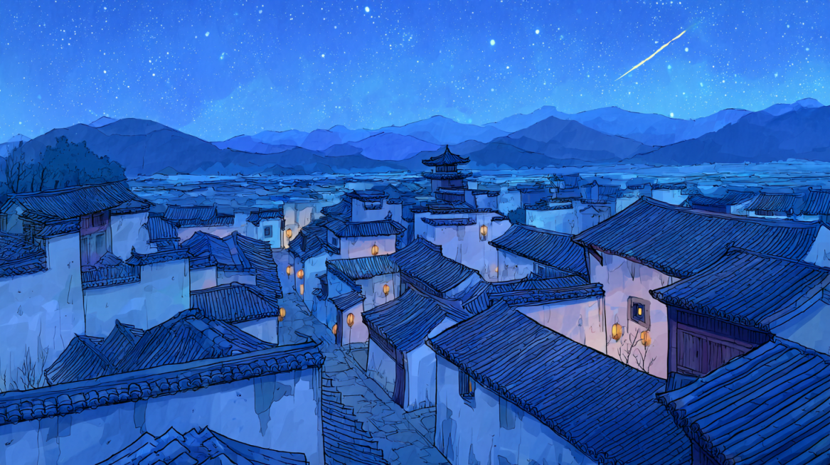 国风动画风格，线条流畅细腻，色块过渡自然，色调古朴温润（赭石、米白、浅棕为主，点缀金色特效光），楚国古村落夜景，青瓦土墙线条柔和，淡蓝色月光铺洒地面，远山朦胧带水墨感，天空有一颗流星坠向一间房屋。预览效果