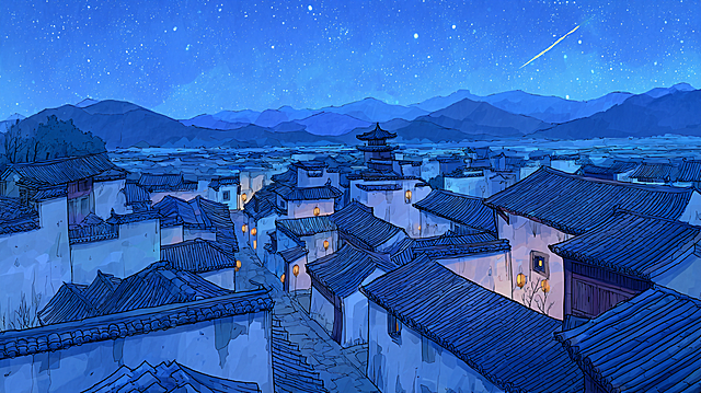 国风动画风格，线条流畅细腻，色块过渡自然，色调古朴温润（赭石、米白、浅棕为主，点缀金色特效光），楚国古村落夜景，青瓦土墙线条柔和，淡蓝色月光铺洒地面，远山朦胧带水墨感，天空有一颗流星坠向一间房屋。