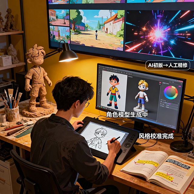 画面主体：画面中间是一位动画设计师（即你所学专业从业者）坐在工作台前，左手握着数位板进行素描勾勒，数位板屏幕上是一个角色的线稿，体现传统技能；右手操作着另一台显示 AI 界面的电脑，电脑屏幕上正快速生成该角色的色彩稿和 3D 模型雏形，AI 界面旁标注 “角色模型生成中”“风格校准完成” 等提示文字，直观展现 AI 与手绘的联动。
辅助元素
工作台左侧摆放着模型制作工具和一个刚完成的角色黏土模型，呼应模型制作课程；右侧放着一本翻开的《动画运动规律》教材，书页上有标注的重点笔记。
背景墙上的屏幕循环播放着动画片段，片段中既有 AI 生成的基础场景，也有经过后期优化的带特效画面，角落标注 “AI 初版→人工精修” 的对比标识。帮我生成图片