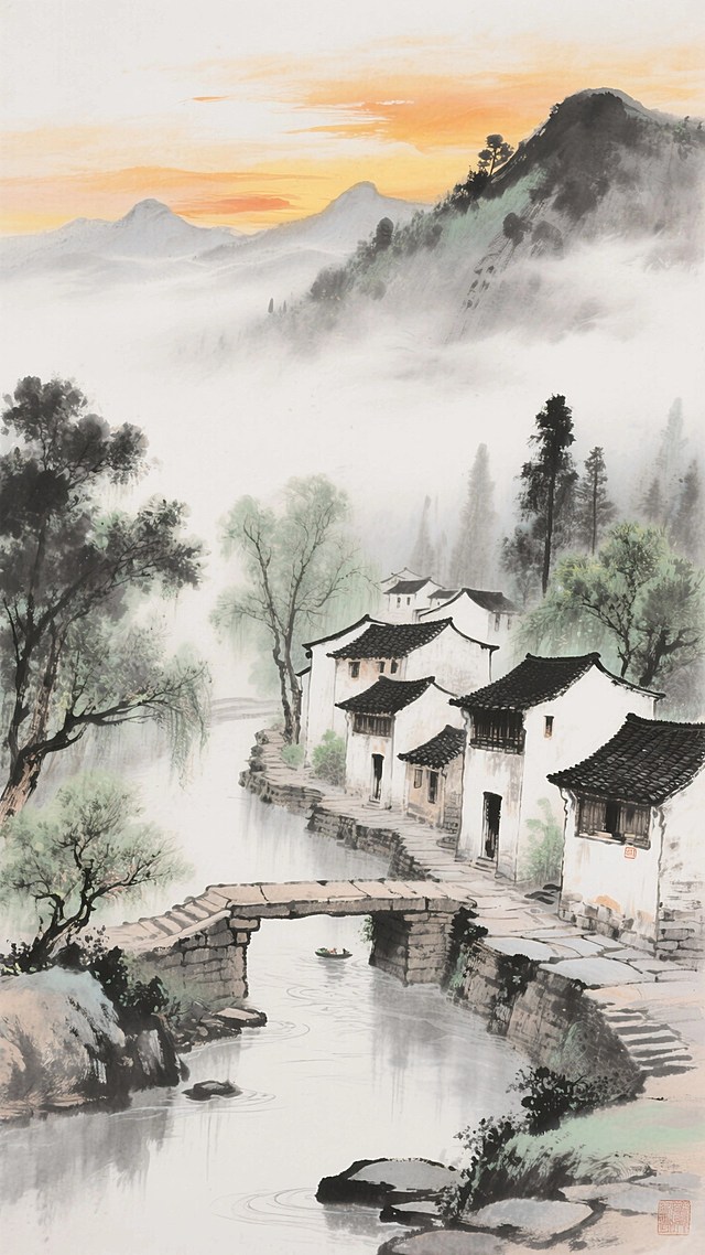 云雾，橙黄色的晚霞，村庄的古建筑，石板桥，小溪，树木，远山近景，呈现江南诗意氛围，干净的背景