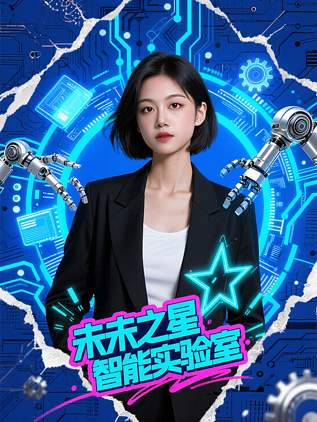 文字“未之星智能实验室”以涂鸦风格呈现，字体采用夸张的机器人造型笔画，融入宇宙元素如星环和发光粒子，充满科技动感。画面中央是一位戴博士帽的人物，采用黑色描边处理，周围环绕着电路板、齿轮、机械臂等创客元素。背景由发光电路纹理构成，点缀着荧光蓝的电子脉冲和悬浮的 holographic 界面。整体采用不对称构图，机械元素呈放射状分布，色彩以荧光蓝、金属银和霓虹粉为主，营造未来科技感。风格是涂鸦风格，比例是3:4