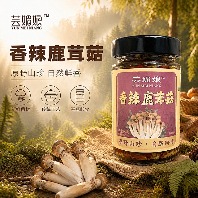 参照参考主图的元素和风格，生成香辣鹿茸菇电商主图：保持左文右图版式，左侧对齐文案，保留"芸媚娘"品牌标识，主标题写"香辣鹿茸菇"，副标题写"原野山珍 自然鲜香"，下方保留三个线图标卖点，分别标注"新鲜菌材""传统工艺""开瓶即食"。产品放置在右侧木纹麻衬垫上，保持产品包装、标签信息、字体颜色和产品外观与输入产品图完全一致。前景添加新鲜鹿茸菇实物，背景增加雾气缭绕的森林山林，添加更多绿植苔藓蕨类森林元素，保持柔和暖阳逆光、丁达尔光效，营造浓郁自然山野氛围。1:1比例，文字清晰可辨，超高清商业摄影质感，保持原有风格统一，产品主体突出，通透自然。