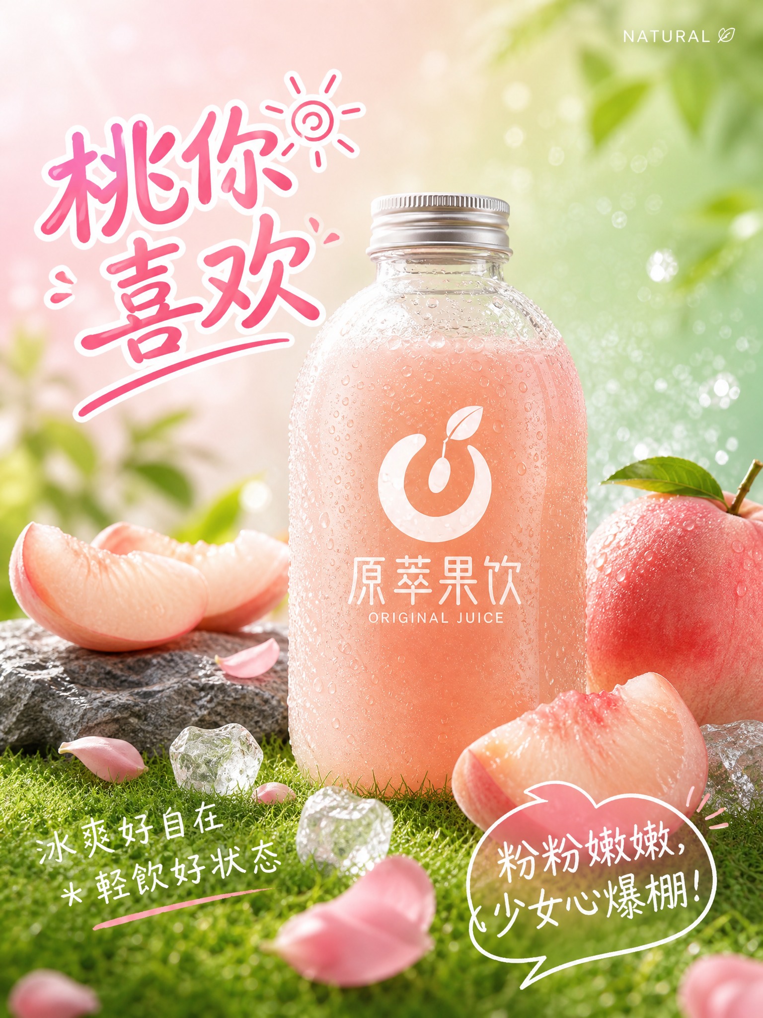 参考图的版式骨架和氛围风格，生成水蜜桃多多鲜榨果汁广告海报。画… - 图片创意预览