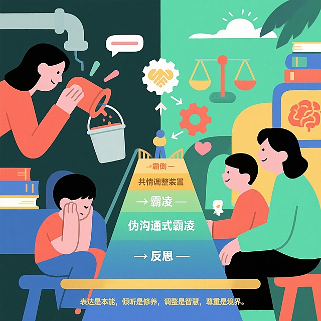 贴合主题的配图构思​
主题关键词：
亲子沟通困境
意愿表达四层境界
从控制到共建的转化
霸凌与反思的对比
图片视觉方案（文字描述，可直接交给设计师或用AI绘图实现）：
主视觉构图​
画面左右分镜：
左侧：暗色调，父母居高临下向孩子“倾倒”话语（用桶、管道等象征“信息桶”），孩子低头封闭嘴巴或用手捂耳，象征沉默与抗拒。
右侧：明亮色调，父母与孩子围坐对话，中间有双向箭头与齿轮状的“共情调整装置”，象征反馈与互相适配。
中央用渐变桥梁连接左右，桥上标四层境界名称（霸凌 → 伪沟通式霸凌 → 思考 → 反思），桥的尽头是阳光与握手图标。
细节元素​
背景可融入书本、对话框、天平（象征兼顾双方想法）、心形与脑形交织的图案（情感与理性并重）。
用颜色隐喻：红色→控制/霸凌，橙色→表面听，蓝色→思考，绿色→反思与共建。
底部可加金句条幅：“表达是本能，倾听是修养，调整是智慧，尊重是境界。”
风格建议​
扁平化插画或轻度写实，柔和光影，给人从压抑到释然的心理过渡感。
适合公众号封面、培训课件首页或PDF工具包扉页。