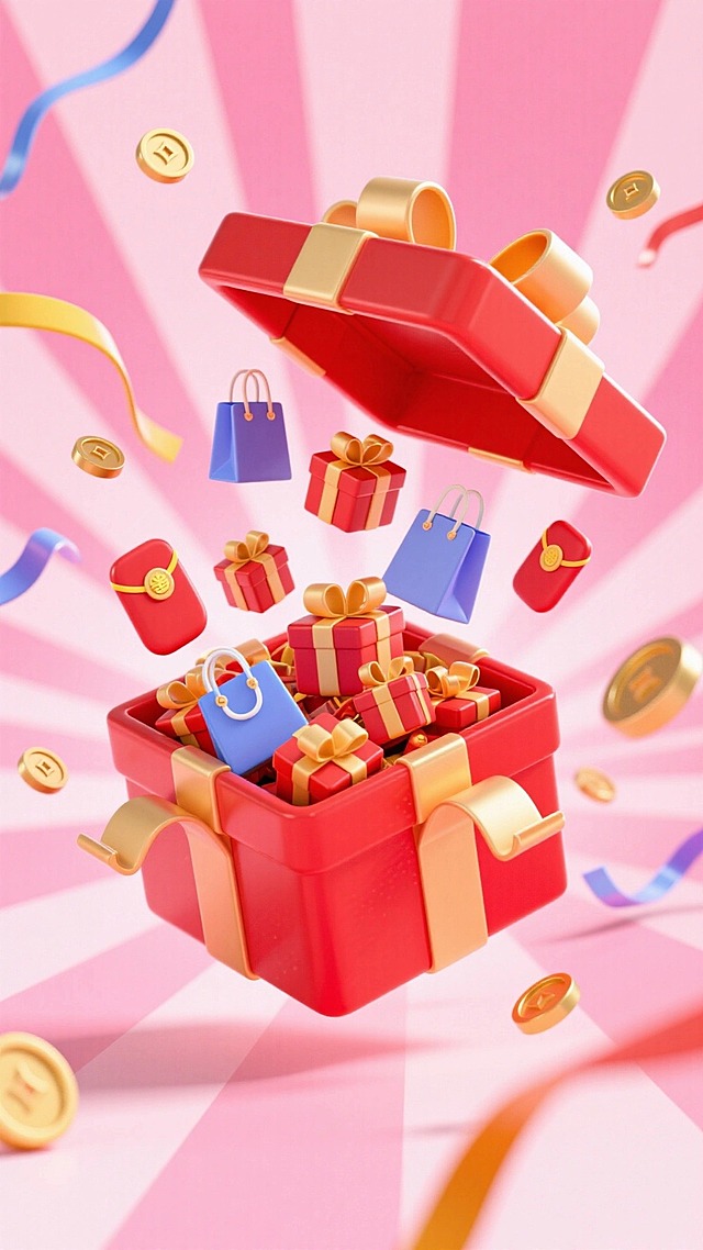 悬浮在空中装满小礼盒、红包、购物袋的红色礼盒，周围点缀少量金币、彩带等元素，向四周发射，强动态感，粉色调放射背景