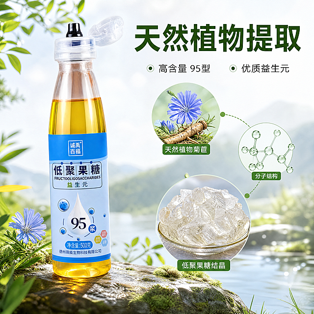 [主图-2] 核心成分与来源展示主图
[氛围风格] 天然植物提取溯源风格，真实可信
[画质] 商业摄影质感、光线柔和通透、产品清晰真实、画面干净高级
[元素] 左侧摆放低聚果糖浆产品瓶，保持产品原有外观结构颜色与输入产品图一致，无变形色差；右侧展示天然植物原料结晶示意图，搭配从植物提取的分子结构示意图。保持产品主体清晰，商品整体占比约70%，画面层次分明。
[光影] 自然柔光逆光，突出糖浆通透金黄色泽，植物原料自然清新光影，整体通透干净
[配色] 浅绿+浅蓝自然清新配色，和产品原包装蓝色呼应
[视角构图] 左产品右图文的左右平衡构图，平视角度
[文字版式] 顶部大字标题
"天然植物提取"，深绿色粗体，下方分点用引线标注：
"高含量 95型" "优质益生元"，每点文字简洁字号适中，左侧保留产品瓶身完整不遮挡，文字都放在负空间清晰可读
[比例分辨率] 1:1 比例，4k 分辨率；文字清晰锐利，画面超高清
[负向提示词] 变形，水印，文字错乱，产品图模糊，背景杂乱，绝对化违禁词，疾病宣传