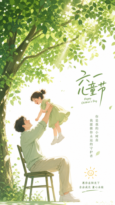 竖版六一儿童节海报，清新治愈插画风。画面主体是大片茂密的绿色树叶，阳光透过叶隙洒下斑驳的光点，形成温柔的丁达尔效应。树下，父亲坐在椅子上，牵着孩子的手，将她高高举起，背景是一片干净的白。整体画面清新明预览效果