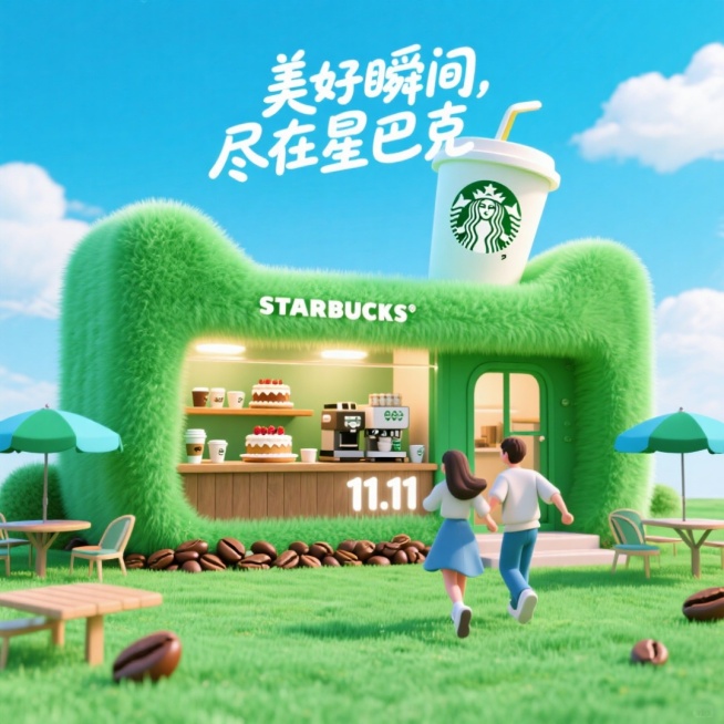 星巴克品牌促销海报，构建一个天猫品牌轮廓的建筑造型外观和内部空间，外观为星巴克绿，一个超大星巴克杯镶嵌在建筑顶部，融入品牌产品，产品设计陈列在建筑内部，品牌产品为蛋糕、咖啡机、咖啡杯，小吧台等，咖啡豆预览效果