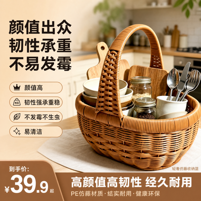 [单张主图] 仿藤编织收纳篮，爆款促销感主图，展现高颜值高韧性产品。
[画面主体] 保持仿藤编织篮外观（物理结构、编织纹理、材质质感、浅棕颜色）与输入产品图绝对一致，杜绝任何变形和色差，精细化处理。篮预览效果