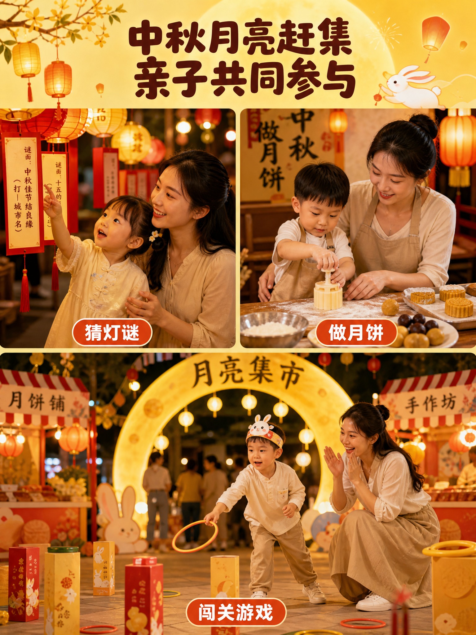 [主图-2] 中秋活动现场亮点图，展示猜灯谜、做月饼、月亮集市… - 图片创意预览