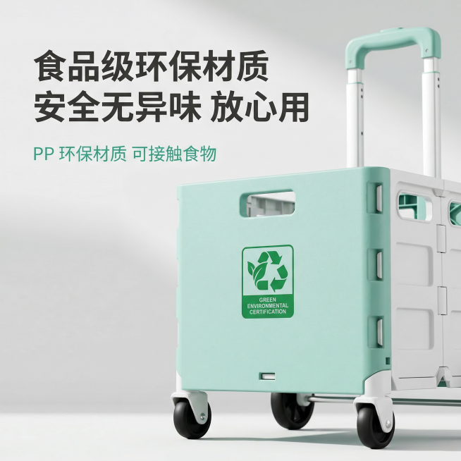 核心视觉规范关键词：整洁收纳，极简主义，高亮通透，清新生活感。食品级环保材质折叠购物车主图，局部特写两轮大号款薄荷绿与白色拼接折叠购物车的箱体材质纹理，材质细节占画面百分之六十区域。背景为浅灰色渐变，预览效果