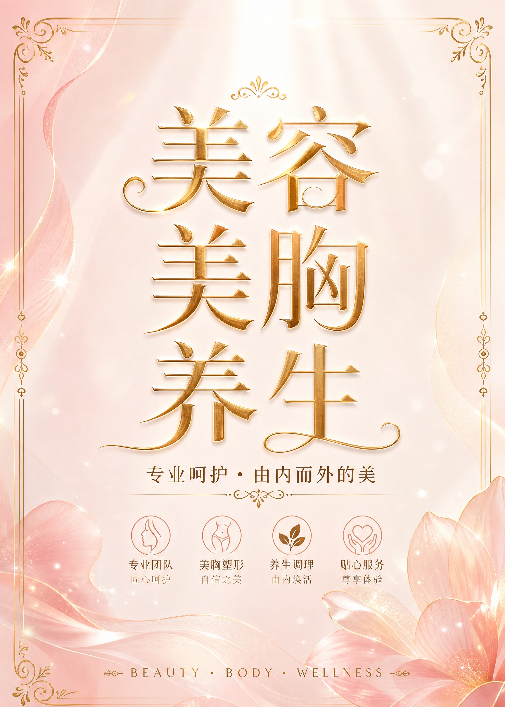 高端轻奢美业灯箱海报，竖版构图，柔和优雅的粉金暖白配色。画面中… - 图片创意预览