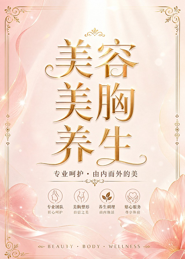 高端轻奢美业灯箱海报，竖版构图，柔和优雅的粉金暖白配色。画面中央是主标题大字"美容 美胸 养生"，字体精致优雅，金色渐变质感。副标题"专业呵护·由内而外的美"位于主标题下方，字号稍小。底部装饰英文"BEAUTY · BODY · WELLNESS"。背景为柔和的渐变暖粉色到米白色，点缀细腻的金色线条和抽象花瓣光影，营造温馨高级的美业氛围。左右两侧有简约的金色装饰边框。画面整体干净通透，留白充足，版式精美，适合灯箱展示。柔和顶光，光影细腻，超高清质感。画面中所有信息区域必须填充完整合理的内容，不得出现空白框或待填写区域。