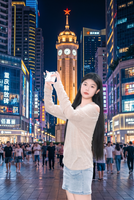 更换背景地点为重庆解放碑夜景，突出主体人物，保持人物不变预览效果