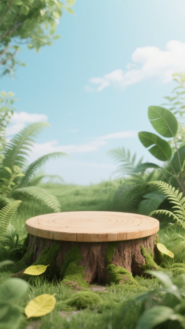 超写实3D渲染风格的自然场景背景，柔和明亮的光线从上方均匀洒落，营造出清新宁静的氛围。画面中央是一个圆形木质平台，表面光滑且清晰呈现自然木纹肌理，边缘有细微的磨损痕迹，平台下方是覆盖着翠绿苔藓的土褐色预览效果