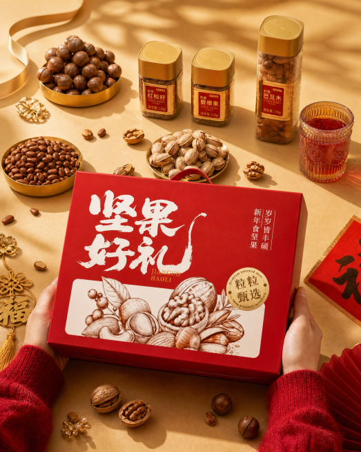 参照第一张图片的暖金色桌面场景，双手捧着第二张图片的红色坚果礼盒，搭配散落的坚果、金色装饰和一杯红色饮品，保持自然光影和温暖喜庆的节日礼盒氛围预览效果