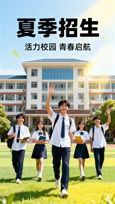 夏季招生宣传海报，画面包含清新校园风，大大的招生文字，校园教学楼和年轻学生，阳光色调，活力风格，海报构图，文字清晰醒目预览效果
