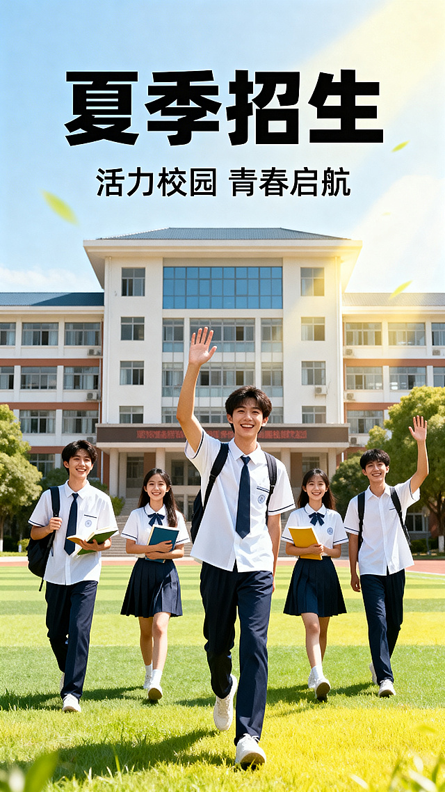 夏季招生宣传海报，画面包含清新校园风，大大的招生文字，校园教学楼和年轻学生，阳光色调，活力风格，海报构图，文字清晰醒目