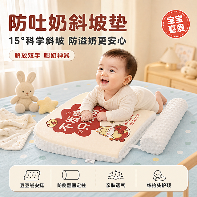 [单张主图] 婴儿防吐奶斜坡垫 爆款促销感主图 宝宝场景英雄图 1:1淘宝天猫主图。
[画面主体] 画面中央偏右放置婴儿防吐奶斜坡垫，保持与输入产品图外观完全一致：米白色斜坡主体，正面印有红色云朵形卡通图案和可爱小动物，底部和两侧固定柱为白色豆豆绒凸起纹理，两侧圆柱形固定柱通过白色绑带连接，整体为15°科学斜坡造型；产品轮廓完整清晰，无变形无色差，商品主体占画面约55%。一名6-9个月大的东亚面孔可爱宝宝，穿着浅米色连体爬服，趴在斜坡垫上练习抬头，表情愉悦自然，双手轻搭在斜坡前缘，宝宝姿态安全舒适，位于斜坡垫中上部，不遮挡产品核心图案和结构。
[构图版式] 采用顶部大标题型爆款主图书版式：顶部约28%区域放主标题和核心利益点，中部约55%放产品+宝宝主视觉，底部约17%放通栏卖点信息条。左侧留出负空间放主文案，右侧为产品和宝宝主体。
[场景元素] 背景为温馨明亮的婴儿卧室场景，浅米色墙面，左侧有白色纱帘透进柔和自然光，右下角露出浅木色婴儿床边缘和浅蓝色波点床单（与产品图床单风格呼应）；斜坡垫放置在婴儿床内，周围散落1-2个浅色系毛绒小玩具和安抚巾，增加真实育儿氛围；背景适度虚化，突出产品与宝宝主体。
[文案版式] 左上区域左对齐排版：第一行超大粗黑体主标题"防吐奶斜坡垫"，字色为温暖红棕色；第二行稍小粗黑体副标题"15°科学斜坡 防溢奶更安心"，字色深灰；主标题下方一个圆角胶囊小标签"解放双手 喂奶神器"，米白底红字。底部通栏浅奶油色圆角信息条，均匀分布4个圆角卖点图标+短句，从左到右：「豆豆绒安抚」「防侧翻固定柱」「亲肤透气」「练抬头护颈」，每个卖点配简约线条小图标，文字深灰色，字号统一清晰。右上角一个圆形小徽章写"宝宝喜爱"，红底白字。
[光影质感] 主光从左上方窗纱透入，柔和自然光，色温偏暖；右侧补光弱化阴影，整体光线均匀通透；产品表面豆豆绒纹理清晰有质感，布料柔软蓬松，宝宝肌肤细腻自然；投影柔和落在床单上，整体干净通透有层次，无硬光和过曝。
[配色字体] 主色：奶油米白+浅蓝；辅助色：温暖红棕色（取自产品图案）；强调色：浅鹅黄。字体使用圆润亲和的无衬线粗黑体，主标题最大最粗，副标题约为其60%大小，卖点文字更小，层级分明。所有圆角卡片、标签、图标风格统一。
[比例分辨率] 1:1比例，2048*2048像素，2K超清，文字清晰锐利可辨，商业母婴摄影质感。
[负向提示词] 产品变形，文字错乱模糊，宝宝面部扭曲，肢体畸形，多余的手和手指，背景杂乱，水印，电商平台Logo，产品色差，图案变形，硬切边缘，悬浮感，恐怖夸张表情，危险姿势。