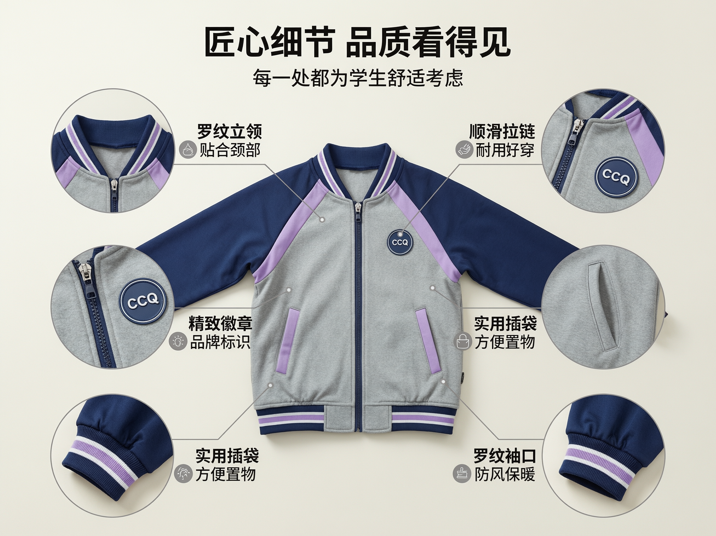 [第6张] 产品细节展示页-秋季长袖校服套装细节引线标注。本张… - 图片创意预览