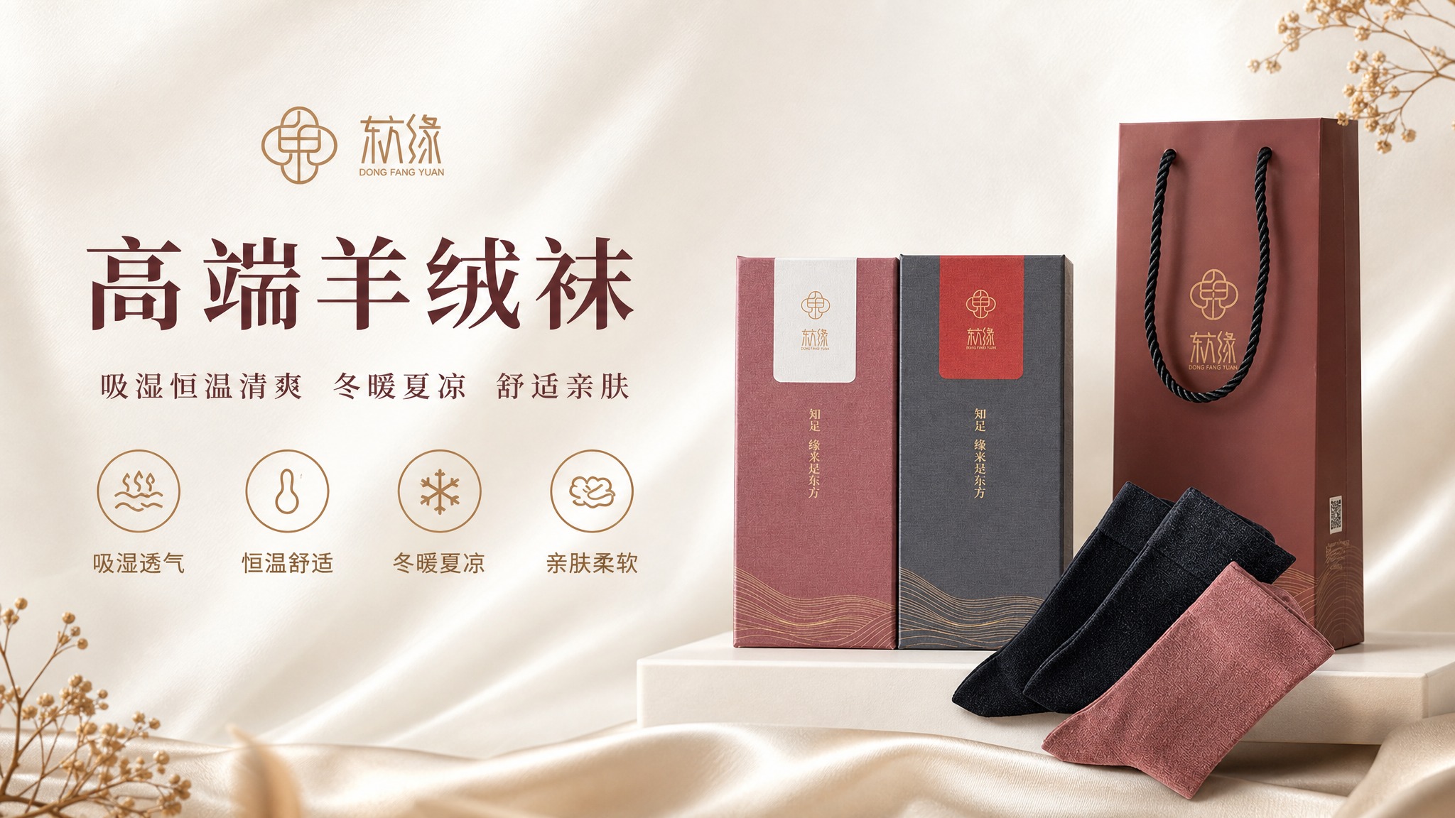 高端东方美学风格的羊绒袜视频封面图，16:9横版。画面左侧为品… - 图片创意预览