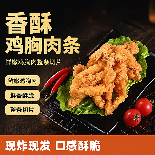 [单张主图] 香酥鸡胸肉条，爆款促销感主图，抖音电商高点击主图，突出产品食欲和卖点。[画面主体] 主体为香酥炸鸡胸肉条，保持产品外观、颜色、纹理与输入产品图绝对一致，杜绝任何变形和色差，精细化处理酥脆外皮细节。产品主体斜置居中偏右，占画面60%左右，鸡胸肉条放置在新鲜生菜叶上，衬在黑色方形餐盘中。搭配两颗新鲜红色小番茄和两根红辣椒作为装饰，增强新鲜食欲。[构图版式] 使用左文右品标签参数型版式，左侧38%区域放置文案，右侧放置产品主体，产品悬浮在黑色烤网背景上。[场景元素] 背景为深色哑光黑色，点缀少许木质桌面纹理，整体干净突出主体。底部设置18%高度的橙红色通栏信息条，承接卖点信息。[文案版式] 左上负空间左对齐，粗黑大字“香酥鸡胸肉条”，最大号橙黄色粗体无衬线。下一行小字“鲜嫩鸡胸肉整条切片”，字号缩小一半。右侧产品旁三个竖向排列的浅黄圆角标签卖点，从上到下依次写“鲜嫩鸡胸肉”“鲜香酥脆”“整条切片”，深色文字清晰可读。底部橙红色通栏白字写“现炸现发 口感酥脆”，左对齐不遮挡主体，保留安全边距。[光影质感] 使用自然暖光逆光，突出鸡胸肉表面的金黄油光和酥脆颗粒纹理，主光从左侧打来，勾勒产品外轮廓，辅光补充暗部细节，保留酥脆外皮的颗粒感和纹理清晰度，景深适中，背景虚化突出产品，商业美食摄影质感，清晰真实，食欲感拉满。[配色字体] 主色调深黑，辅助色金黄、橙红、鲜绿，高对比清晰可读；主标题用粗黑无衬线字体，卖点标签用清晰黑体，大小对比明确。[比例分辨率] 1:1 比例，4K 分辨率，文字清晰可辨，超高清画质。[负向提示词] 变形，水印，文字错乱，产品图模糊，背景杂乱，主体遮挡，错字，伪Logo，畸形产品