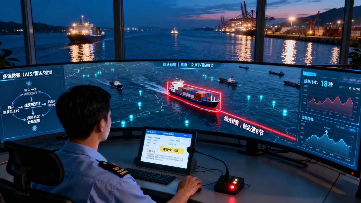 港口船舶交通管理中心内景，傍晚时分的深蓝暮色透过落地窗渗入。巨大的弧形监控屏幕是整个画面的视觉焦点，散发着柔和的冷色调背光。

主屏幕上清晰地分为三个智能分析区域。中央的电子海图正动态显示着港口水域的预览效果