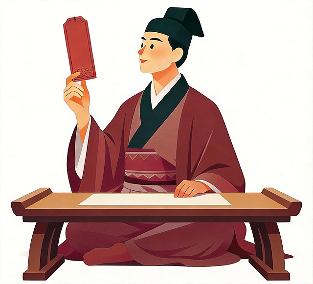 清晰完整地显示出人物面前的考试桌子，保持人物坐在桌子前考试的场景，保留原有古装人物形象和风格，确保桌子可见