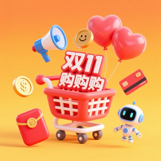 红色购物车（带emoji表情，上面写着“双11购购购”），周围环绕爱心气球、蓝白扩音器、笑脸金币、红包、信用卡、小机器人等元素，背景为高饱和配色橙黄色渐变预览效果