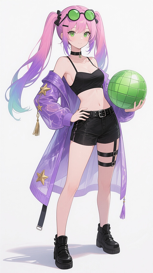 日系动漫风格立绘，一位有着粉紫色渐变长发的少女，头发上戴着绿色镜片的圆形眼镜发饰，双马尾垂落肩头。她穿着黑色吊带抹胸，搭配黑色短裤和紫色半透明长外套，外套上有金色星星图案和流苏装饰。腰间系着黑色皮带，大腿上有黑色绑带，脚穿黑色鞋子。左手叉腰，右手拿着一个绿色网格状球体，整体姿态自信优雅。画面背景为纯白色，人物边缘有轻微的阴影和渐变效果，线条流畅，色彩鲜明，具有二次元插画的细腻质感和清晰的视觉层次。