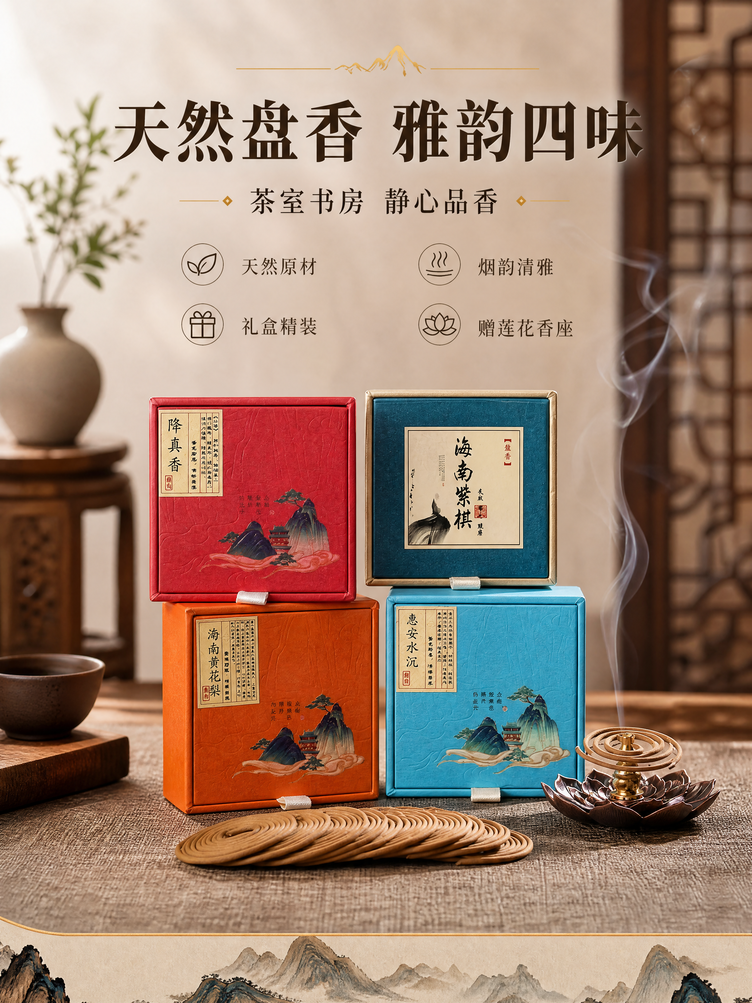 [商品] 使用【图4】四款盘香礼盒全家福；保留四款包装盒的颜色… - 图片创意预览