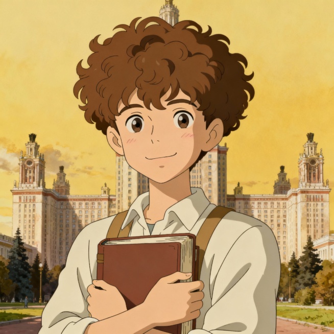 宫崎骏动画风格，莫兰迪色系，近景，一棕色卷发青年正抱着书站在莫斯科大学主楼前，微笑看向前方，高清画质，画面柔和温暖，细节丰富预览效果