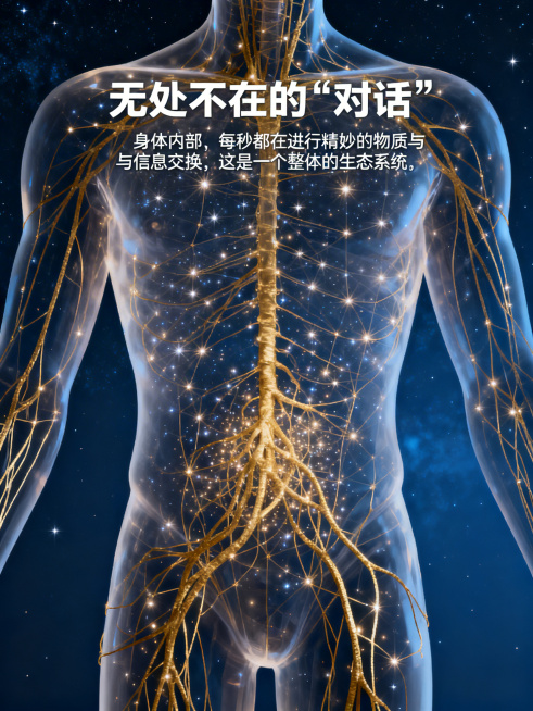在透明的人体轮廓线内，布满由纤细金线和光点构成的、璀璨而有序的立体网络。光点像星辰，金线像神经或血管的抽象表达。网络在腹部和皮肤区域尤为密集，并隐隐呼应。执行：3D渲染或精细插画。背景为深空蓝或砂岩预览效果